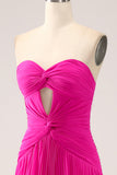 Fuchsia A-Line Pleated Hollow Out Long Maxi Dress With Slit