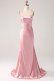 Mermaid Spaghetti Straps Pleated Backless Long Blush Prom Dress
