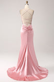 Mermaid Spaghetti Straps Pleated Backless Long Blush Prom Dress