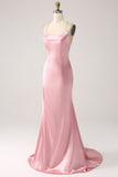 Mermaid Spaghetti Straps Pleated Backless Long Blush Prom Dress