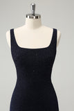Chic Dark Blue Bodycon Square Neck Short Homecoming Dress with Slit