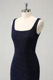 Chic Dark Blue Bodycon Square Neck Short Homecoming Dress with Slit