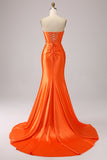 Orange Mermaid Sweetheart Corset Pleated Long Prom Dress with Slit