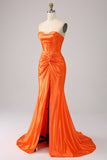 Orange Mermaid Sweetheart Corset Pleated Long Prom Dress with Slit