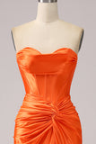 Orange Mermaid Sweetheart Corset Pleated Long Prom Dress with Slit