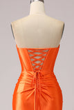 Orange Mermaid Sweetheart Corset Pleated Long Prom Dress with Slit