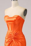 Orange Mermaid Sweetheart Corset Pleated Long Prom Dress with Slit