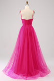 A-Line Spaghetti Straps Long Corset Fuchsia Prom Dress with Slit