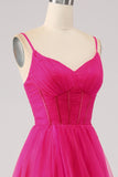 A-Line Spaghetti Straps Long Corset Fuchsia Prom Dress with Slit