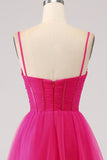 A-Line Spaghetti Straps Long Corset Fuchsia Prom Dress with Slit