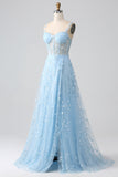 A-Line Spaghetti Straps Corset Sequin Long Blush Prom Dress With Slit