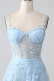 A-Line Spaghetti Straps Corset Sequin Long Blush Prom Dress With Slit
