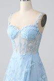 A-Line Spaghetti Straps Corset Sequin Long Blush Prom Dress With Slit