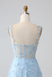 Sparkly Blue A Line Spaghetti Straps Sequin Corset Long Prom Dress With Slit