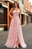 A-Line Spaghetti Straps Corset Sequin Long Blush Prom Dress With Slit
