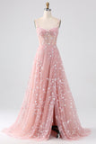 A-Line Spaghetti Straps Corset Sequin Long Blush Prom Dress With Slit