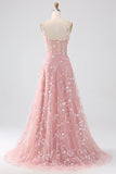 A-Line Spaghetti Straps Corset Sequin Long Blush Prom Dress With Slit