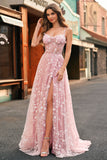 A-Line Spaghetti Straps Corset Sequin Long Blush Prom Dress With Slit