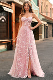 A-Line Spaghetti Straps Corset Sequin Long Blush Prom Dress With Slit