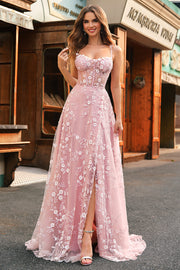 A-Line Spaghetti Straps Corset Sequin Long Blush Prom Dress With Slit