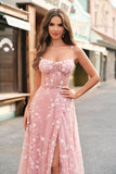 A-Line Spaghetti Straps Corset Sequin Long Blush Prom Dress With Slit