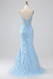 Blue Mermaid Spaghetti Straps Sparkly Sequin Corset Long Prom Dress
