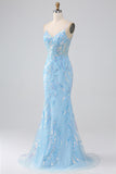 Blue Mermaid Spaghetti Straps Sparkly Sequin Corset Long Prom Dress