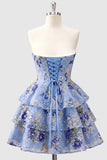 Blue Floral Sweetheart Sequin Tiered Ruffle A Line Homecoming Dress