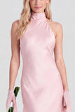 Halter Pink Mermaid Satin Backless Bridesmaid Dress