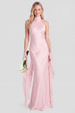 Halter Pink Mermaid Satin Backless Bridesmaid Dress