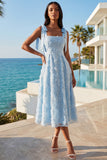 Sky Blue A Line Beaded Floral Midi Wedding Guest Dress with Appliques