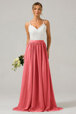 A-Line Spaghetti Straps Pleated Long Bridesmaid Dress With Lace