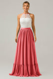 A-Line Halter Pleated Keyhole Chiffon Bridesmaid Dress With Lace