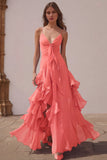 Dusty Blue Spaghetti Straps Chiffon A-Line Ruffled Bridesmaid Dress