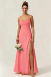 Green Flower A Line Spaghetti Straps Chiffon Long Bridesmaid Dress with Slit