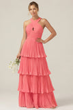Lilac Halter Keyhole A Line Tiered Ruffle Pleated Bridesmaid Dress