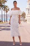 Off the Shoulder Ruffled Yellow Midi Wedding Guest Dress