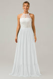 A-Line Halter Pleated Keyhole Chiffon Bridesmaid Dress With Lace