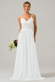 A-Line Spaghetti Straps Pleated Long Bridesmaid Dress With Lace