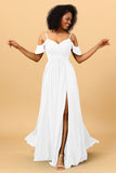 A Line Spaghetti Straps Long Chiffon Bridesmaid Dress With Slit