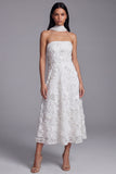 Strapless Blue Appliqued A Line Midi Wedding Guest Dress