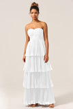 A-Line Sweetheart Floor Length Tiered Chiffon Bridesmaid Dress