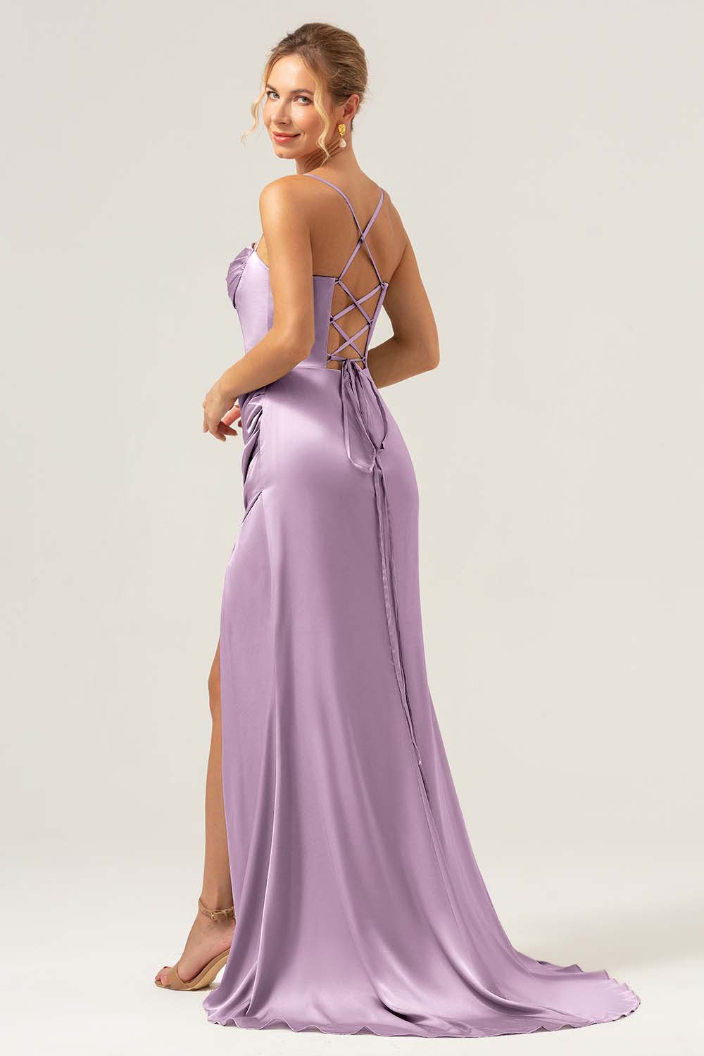 purple martini dress Wedtrend Women Martini Satin Bridesmaid Dress with Slit Mermaid Cowl Neckline Ruched Corset Long Wedding Party Dress, Wisteria / US10