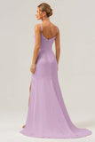 Black Sheath Spaghetti Straps Ruched Long Satin Bridesmaid Dress with Slit