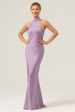 Champagne Sheath Halter Backless Long Satin Bridesmaid Dress with Slit