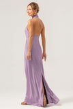Champagne Sheath Halter Backless Long Satin Bridesmaid Dress with Slit