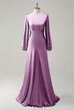 Agave A-Line Round Neck Satin Long Bridesmaid Dress with Long Sleeves