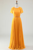 Yellow A Line Round Neck Pleated Mother of Bride Dress With Short Sleeves