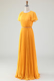 Yellow A Line Round Neck Pleated Mother of Bride Dress With Short Sleeves