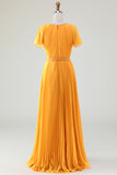 Yellow A Line Round Neck Pleated Mother of Bride Dress With Short Sleeves